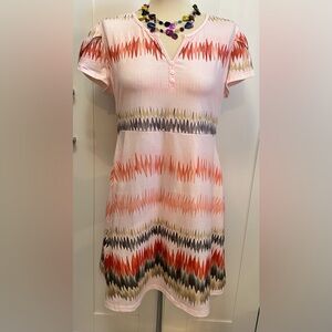 Peach V Neck Printed Dress With Split Accent Short Sleeves Women’s Sz LG NEW!